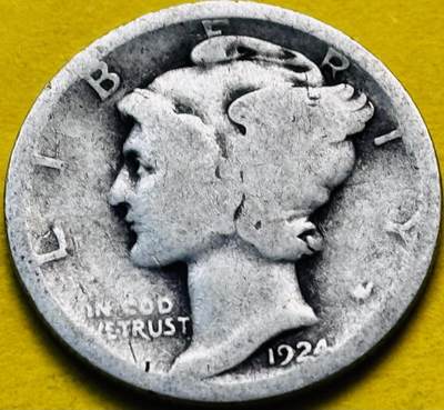 文馨钱币收藏第 293 场，春节前最后一期全部发出，将不予寄存，请悉知 - 1924 年美国墨丘利小飞人 10 美分银币 2.5 克 900 银