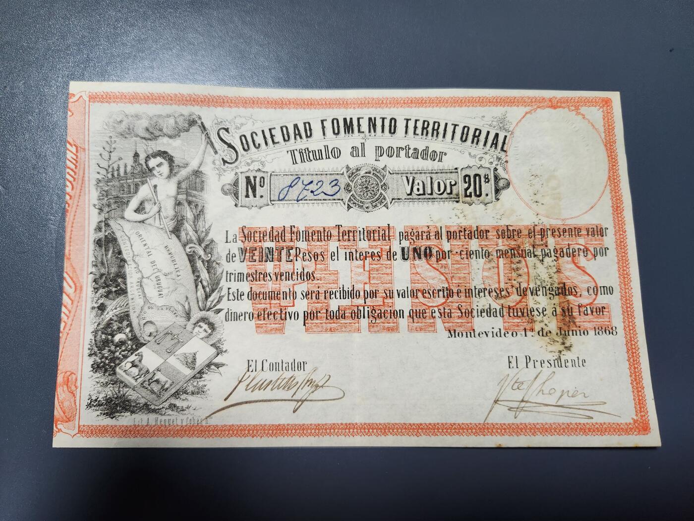 2月4号晚上8点 外国纸币自动截拍第17场 1868年 乌拉圭10比索 大票幅 百年古钞 几乎全新