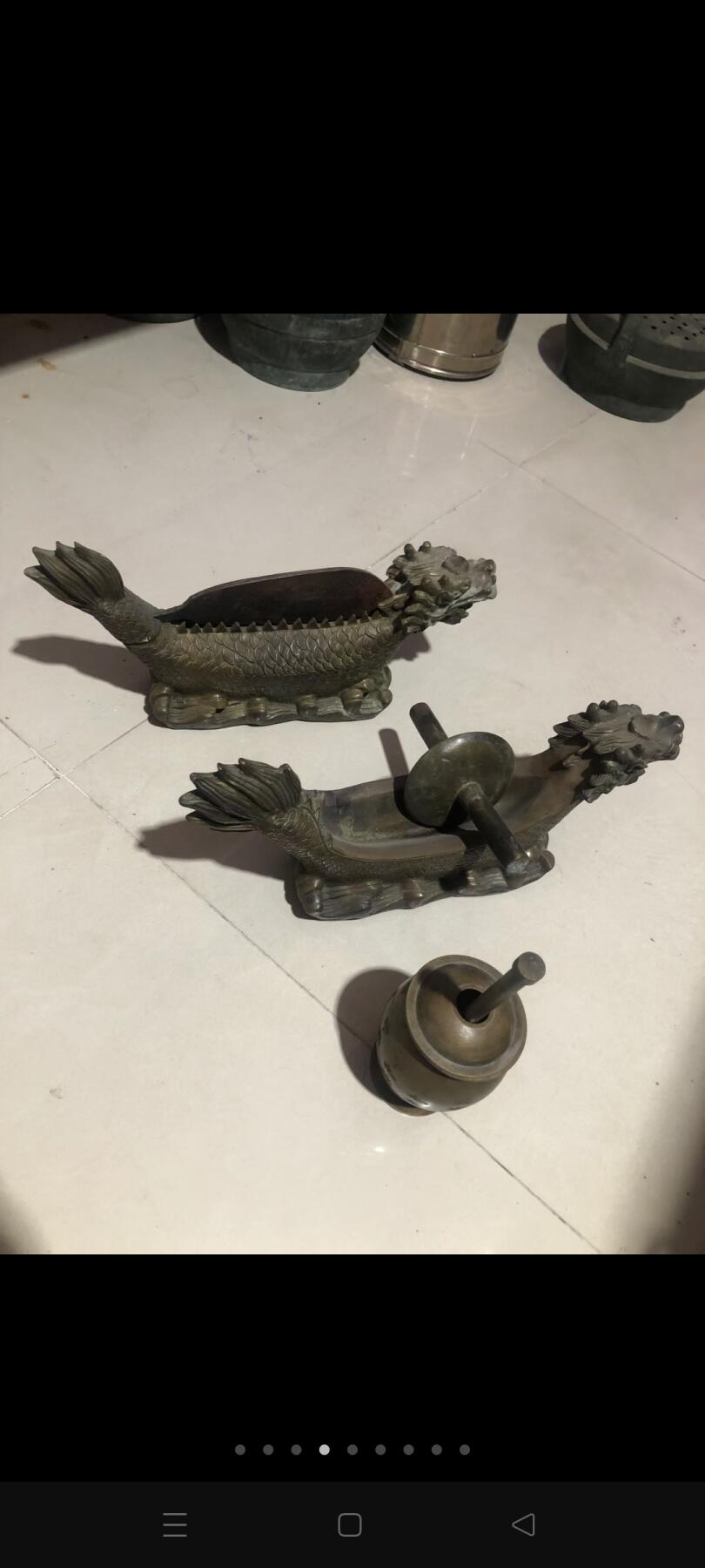 铜药缸，龙药碾子，龙药铡刀。一套三件，完整漂亮，做工精细，正常使用