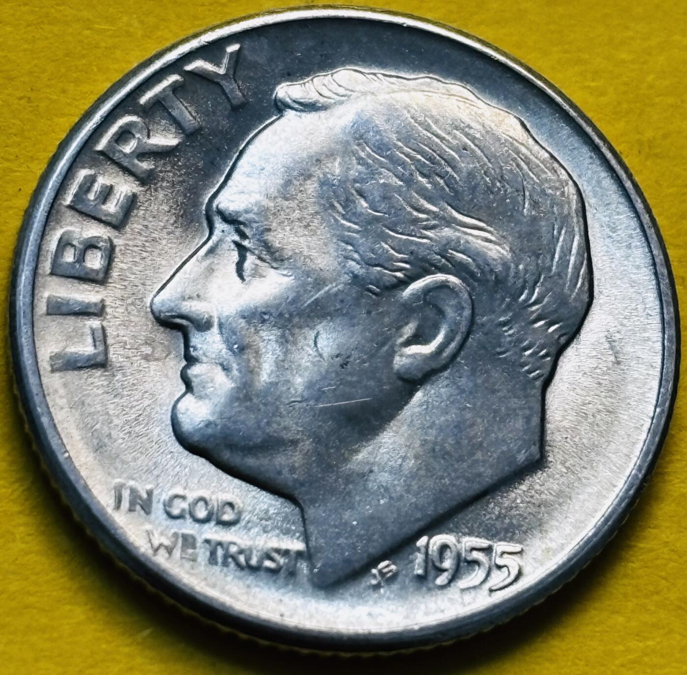 文馨钱币收藏第 293 场，春节前最后一期全部发出，将不予寄存，请悉知 原光好品 1955 年美国罗斯福 10 美分银币 S 版 2.5 克 900 银