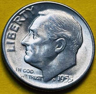 文馨钱币收藏第 293 场，春节前最后一期全部发出，将不予寄存，请悉知 - 原光好品 1955 年美国罗斯福 10 美分银币 S 版 2.5 克 900 银