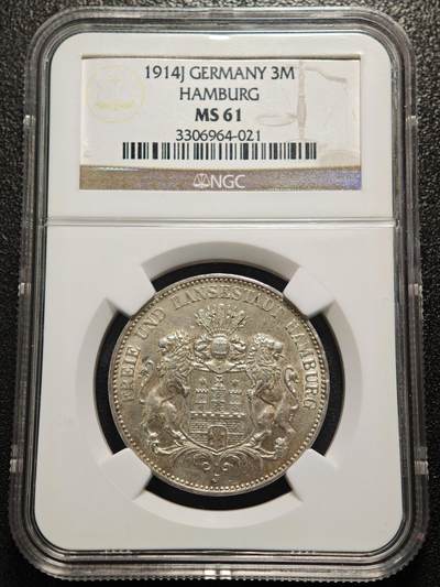 【德藏】世界币章拍卖第164期（拍品征集中~欢迎藏友联系） - 1914年 德国汉堡3马克银币 NGC MS61
