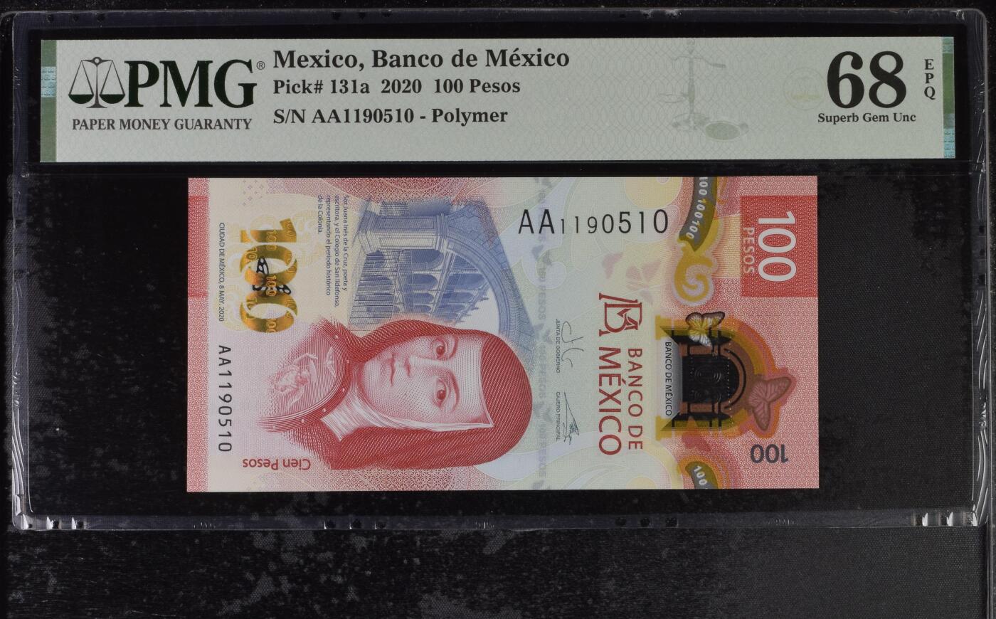 《艾美收藏》第231期-2.8周日外币精品(春节前收官)-世界最佳纸币特辑 墨西哥2020年首发年初版首发AA冠100比索PMG68E高分无347 胡安娜·伊内斯·德拉克鲁兹修女 墨西哥最伟大的作家之一，20年IBNS获奖钞 Pick#131a