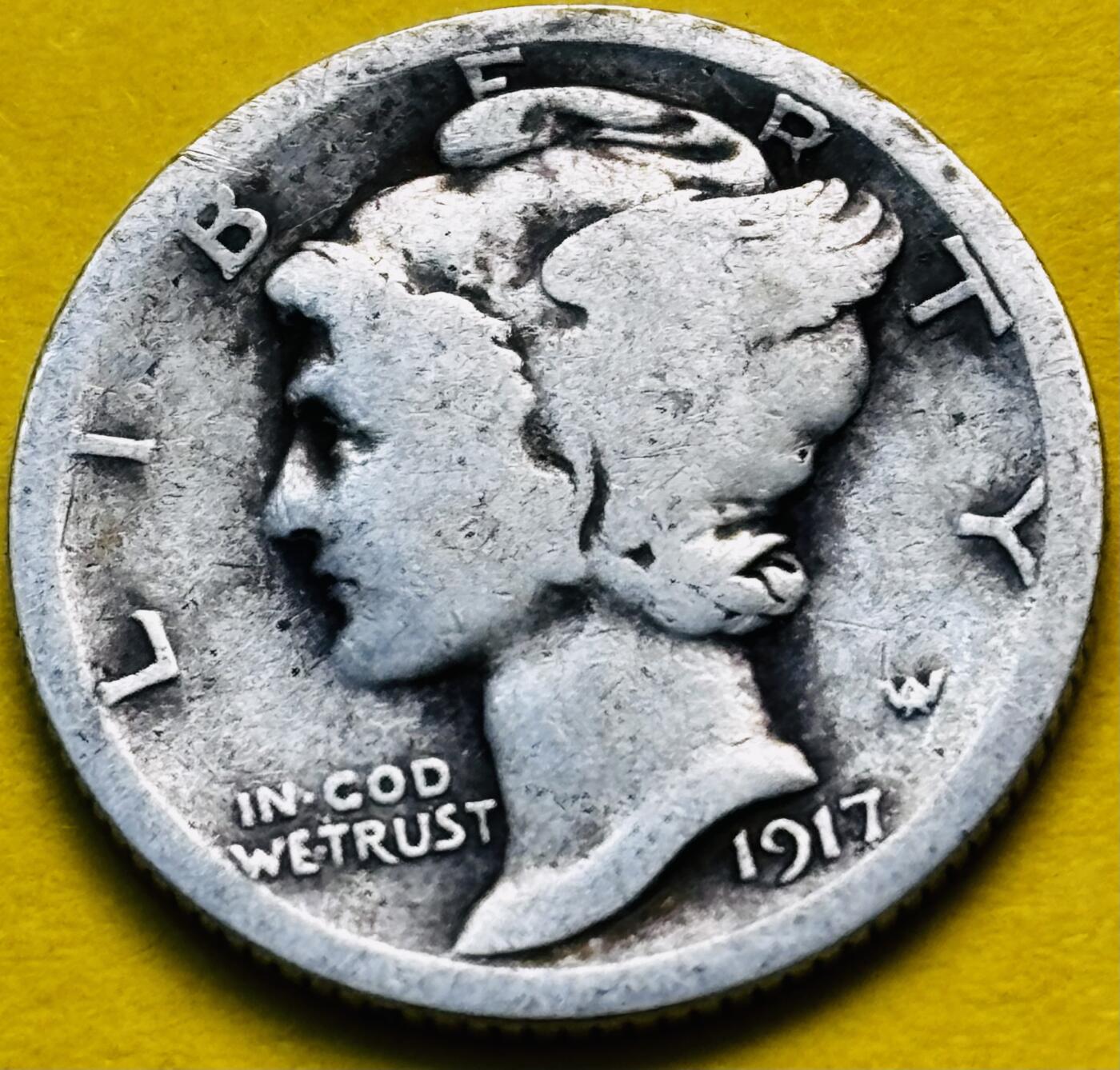 文馨钱币收藏第 293 场，春节前最后一期全部发出，将不予寄存，请悉知 早期 1917 年美国墨丘利小飞人 10 美分银币 2.5 克 900 银 S 版