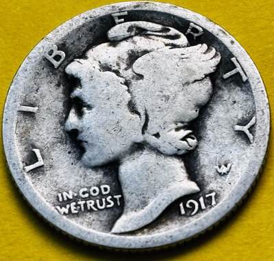 文馨钱币收藏第 293 场，春节前最后一期全部发出，将不予寄存，请悉知 - 早期 1917 年美国墨丘利小飞人 10 美分银币 2.5 克 900 银 S 版