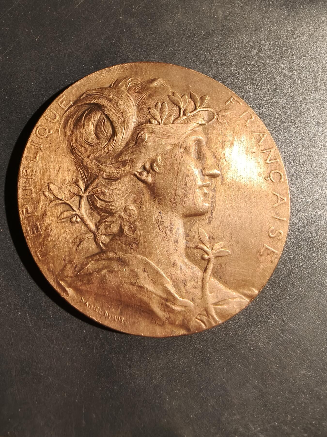 老王徽章第180期 法国巴黎1889博览会大铜章    大师Danniel Dupuis作品     原盒     直径64mm     重量100.8g     直径