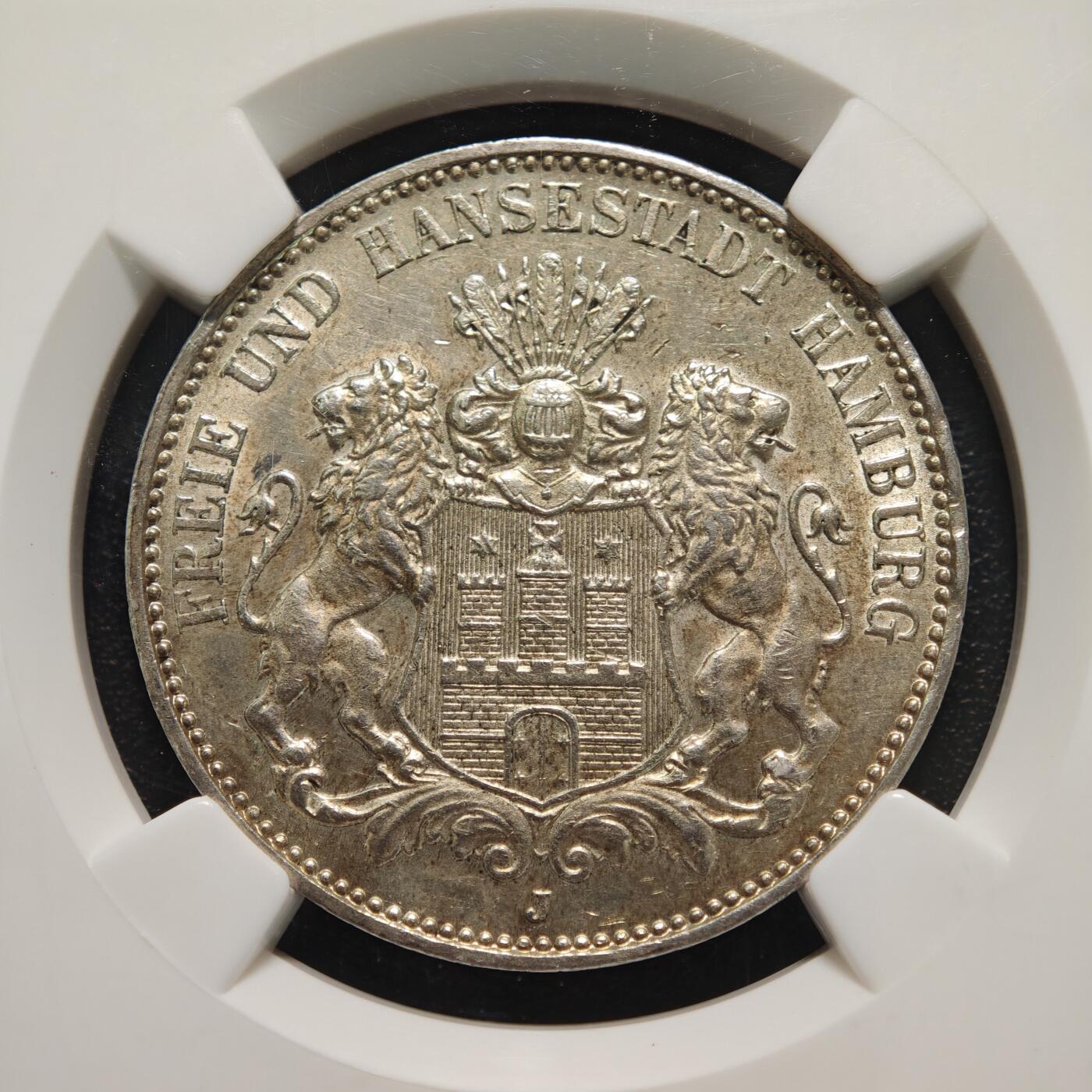 【德藏】世界币章拍卖第164期（拍品征集中~欢迎藏友联系） 1914年 德国汉堡3马克银币 NGC MS61