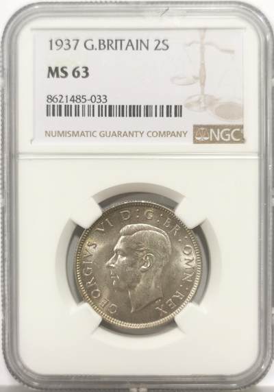 博洋堂“心向春光”2月精品大拍专场暨第160期（全场包邮） - NGC MS63 英国1937年乔治六世登基2先令银币，原汁原味淡彩老包浆，包浆醇厚，转光强烈细节优秀，状态极佳。