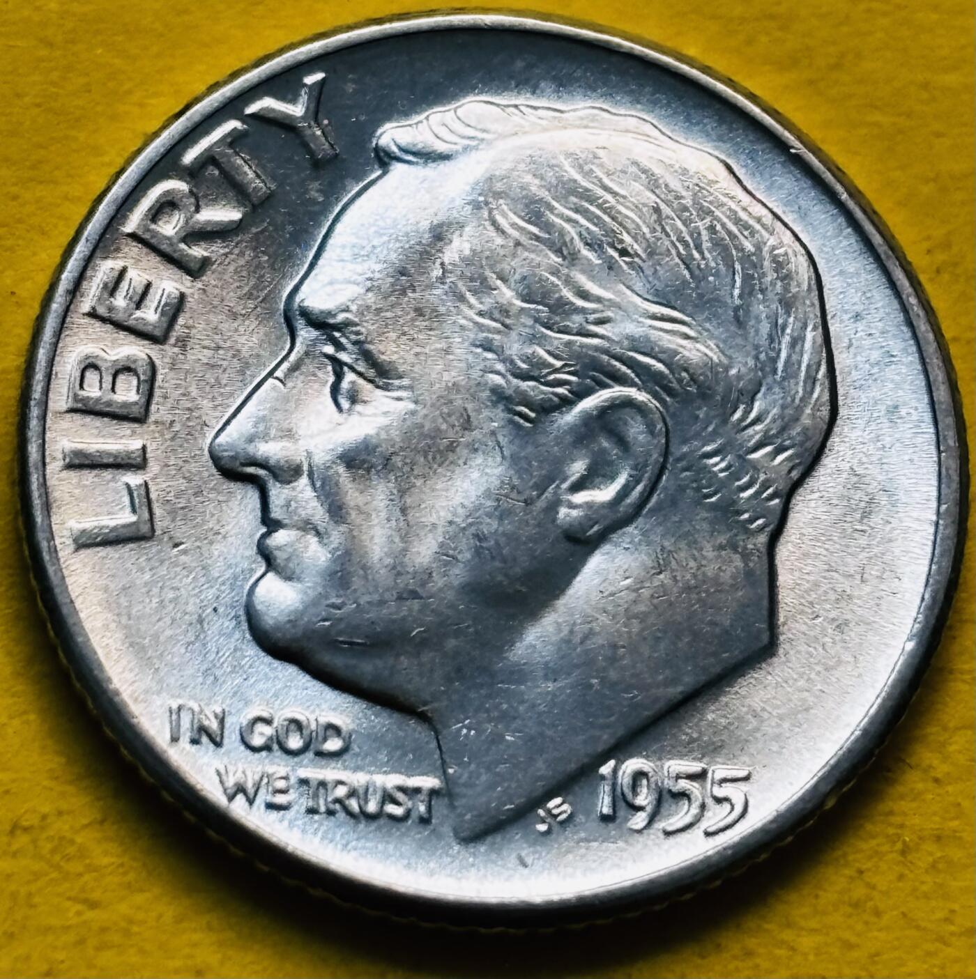 文馨钱币收藏第 293 场，春节前最后一期全部发出，将不予寄存，请悉知 原光好品 1955 年美国罗斯福 10 美分银币  2.5 克 900 银