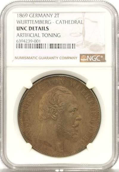 博洋堂“心向春光”2月精品大拍专场暨第160期（全场包邮） - NGC UNC 德国符腾堡1869年乌尔姆大教堂2泰勒大银币，UNC未流通品相，重新清洗包浆适当养护有望冲击分数