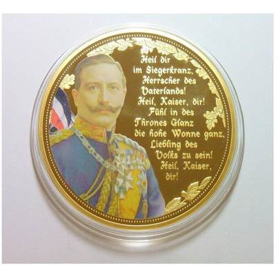 【艺术】德国艺术大章 威廉二世+长翅鹰高浮雕精制彩色超大镀金章 带证书 70MM 120克 - 【艺术】德国艺术大章 威廉二世+长翅鹰高浮雕精制彩色超大镀金章 带证书 70MM 120克