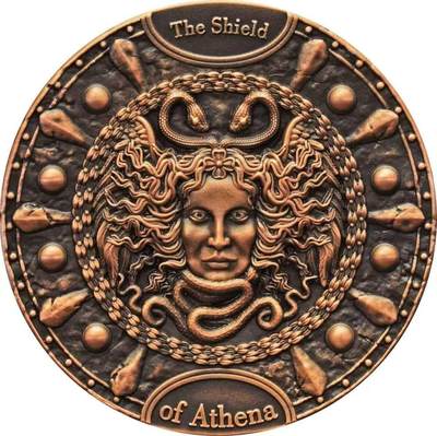 【币海沉浮】国际金银币（2） - 纽埃2022年，2盎司, 战神之盾系列(1)–雅典娜神盾–美杜莎之盾，超高精浮雕、镀铜、仿古纪念银币. 盒证全. 超高超精浮雕,每一根毛发都清晰立体可数. 龙头币(系列第一枚)，新热门系列银币. 实物质感爆棚、远比照片更漂亮