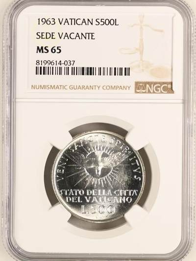 长老汇蛇年精选第九十八场拍卖 - 梵蒂冈1963年500里拉银币 教皇缺位，宗座从缺  NGC MS65 最高分MS67+