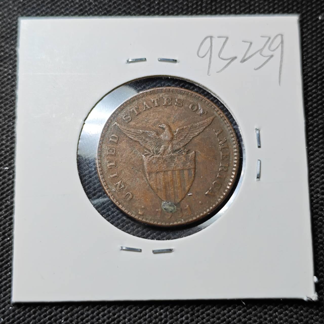 KK钱币收藏小铺  第393期  2月预留时间 周末发货  美属菲律宾1分铜币