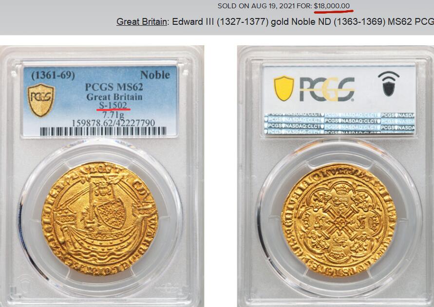 【Blue Auction】世界纸币精拍第783期——18级TOP拍卖/信誉/品质/专业/高效💫   英国 爱德华三世 1361-69年 Noble大金币 PCGS MS62 细节非常好  高纯度大克重金光灿灿 中世纪英国金币的瑰宝值得收藏 （头戴王冠、身披铠甲的爱德华正面站在中世纪战舰上，右手持剑，左手持盾，象征着英格兰的海上霸权和跨海峡贸易与军事的命脉，见证了英法百年战争初期英格兰的国力与雄心，是国家经济实力和君主信用的象征）同分同版S-1502曾拍了1.8万美金
