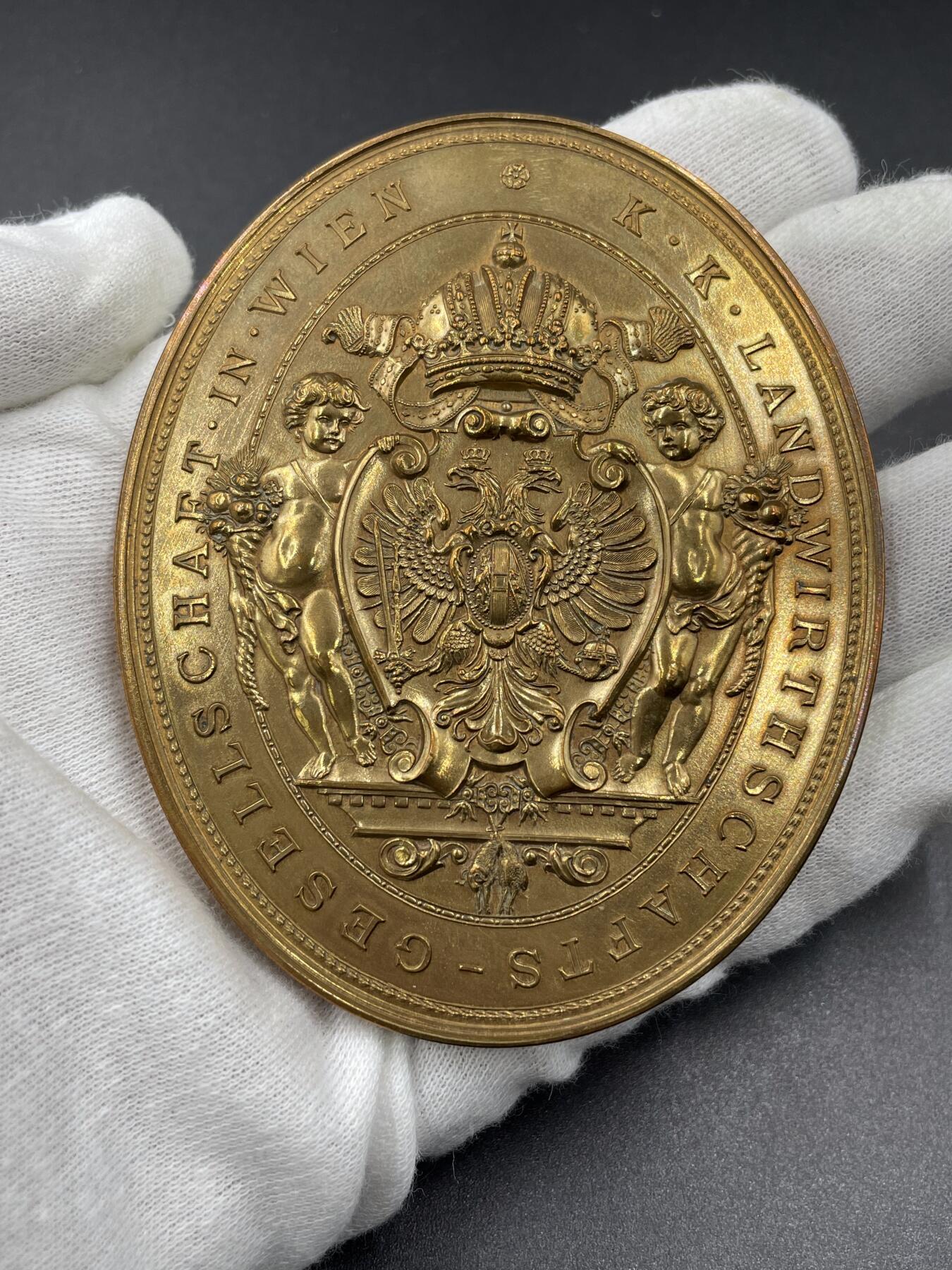 「木头集藏」“ 新岁撷珍”——章牌精品专场！ Jauner～1890年奥地利维也纳农林博览会纪念大铜章 ，尺寸：67 × 82 mm，156 g，画面华丽精美，高浮雕雕刻细腻精致，保存很好，基本上是出厂状态，收藏佳品！