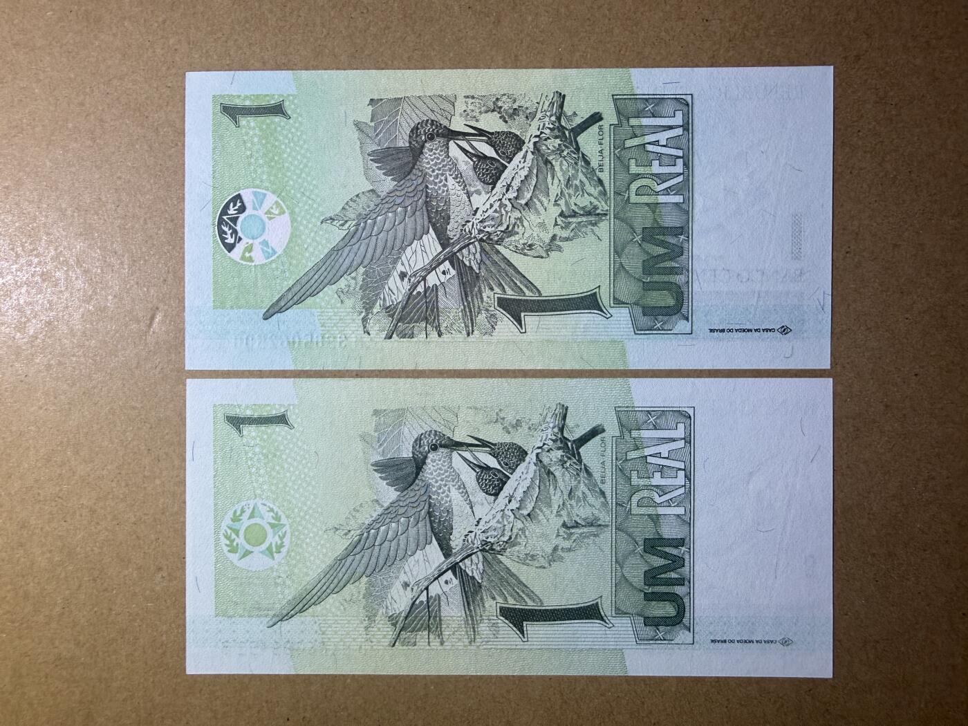 《艾美收藏》第231期-2.8周日外币精品(春节前收官)-世界最佳纸币特辑 巴西1雷亚尔2张 UNC 1997年和2003年不同版本