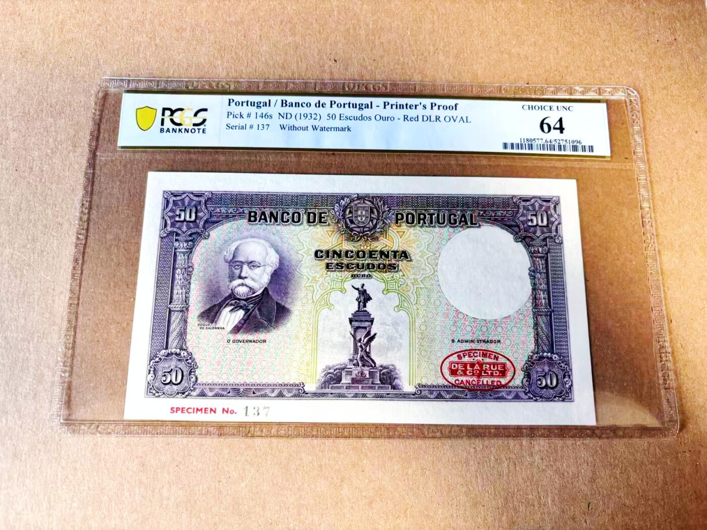 【Blue Auction】世界纸币精拍第783期——18级TOP拍卖/信誉/品质/专业/高效💫 【样钞冠军分 非常罕见】葡萄牙 早期 1932年50埃斯库多  萨尔丹哈公爵 纪念碑 背面农耕大场景 雕刻精美 PCGS64（实钞最高仅1张死中折的53 没有全新的存世 21年拍了4560美金 没有本张观感好）