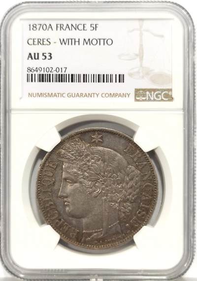 博洋堂“心向春光”2月精品大拍专场暨第160期（全场包邮） - NGC AU53 法国1870A三共谏言版谷物女神5法郎银币 细节到位 灰彩漂亮