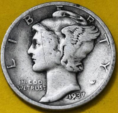 文馨钱币收藏第 293 场，春节前最后一期全部发出，将不予寄存，请悉知 - 1937 年美国墨丘利小飞人 10 美分银币 D 版 2.5 克 900 银