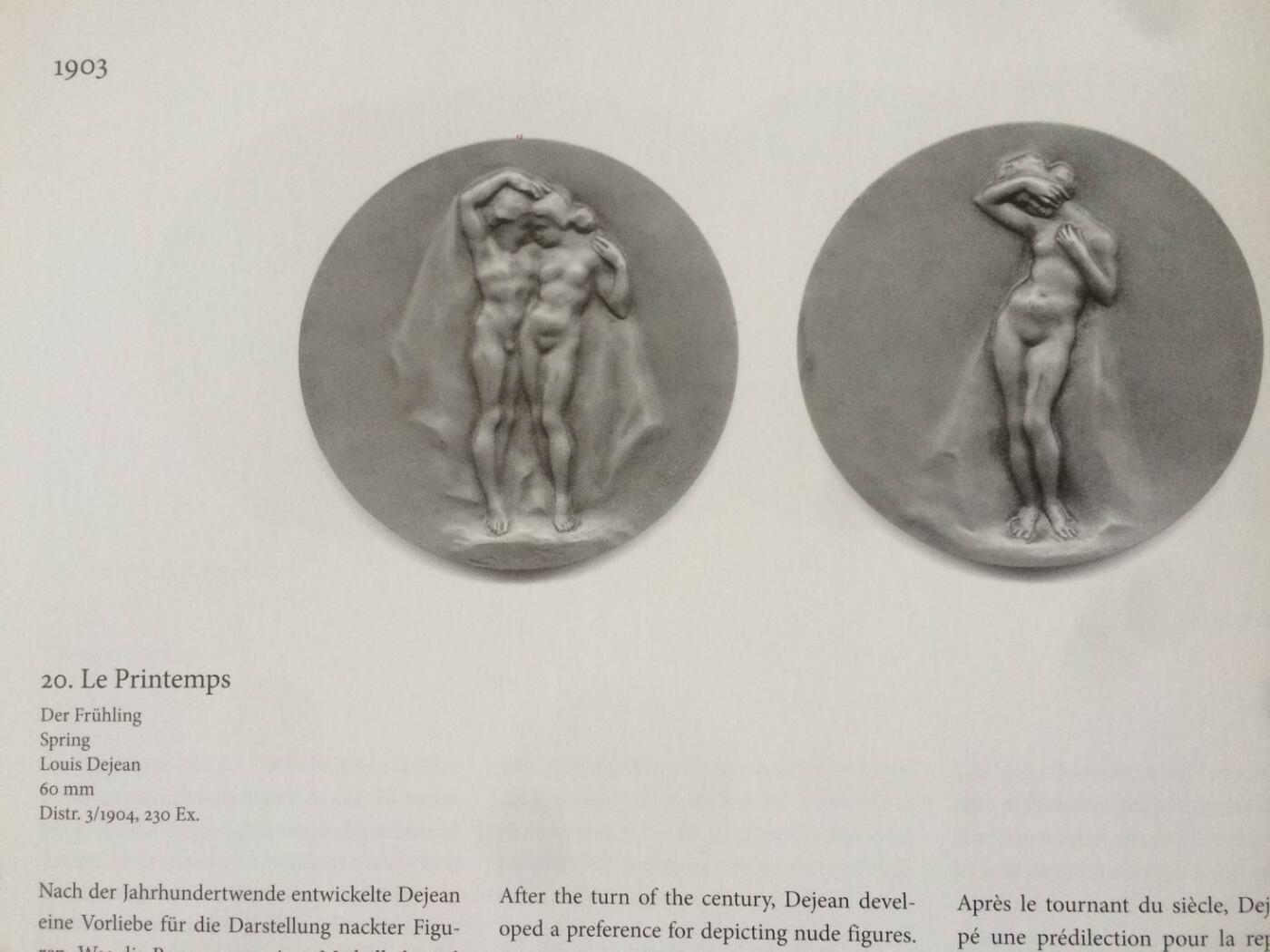 「木头集藏」“ 新岁撷珍”——章牌精品专场！ Louis Dejean～法国SAMF协会20号作品铜章“春天”，MS63 ，法兰西章牌之友协会（SAMF）1903年发行，直径：60mm，铜章发行量仅132枚，边铭：丰饶角BRONZE 火蝾螈 限量编号174。 路易·德让是法国著名雕塑家，创作了多座纪念碑和众多大型装饰雕塑，其小型雕塑作品被各大博物馆收藏。路易·德让尤其擅长人体，他为数不多的几件章牌作品都是人体章。最后几张图片是他的雕塑作品。