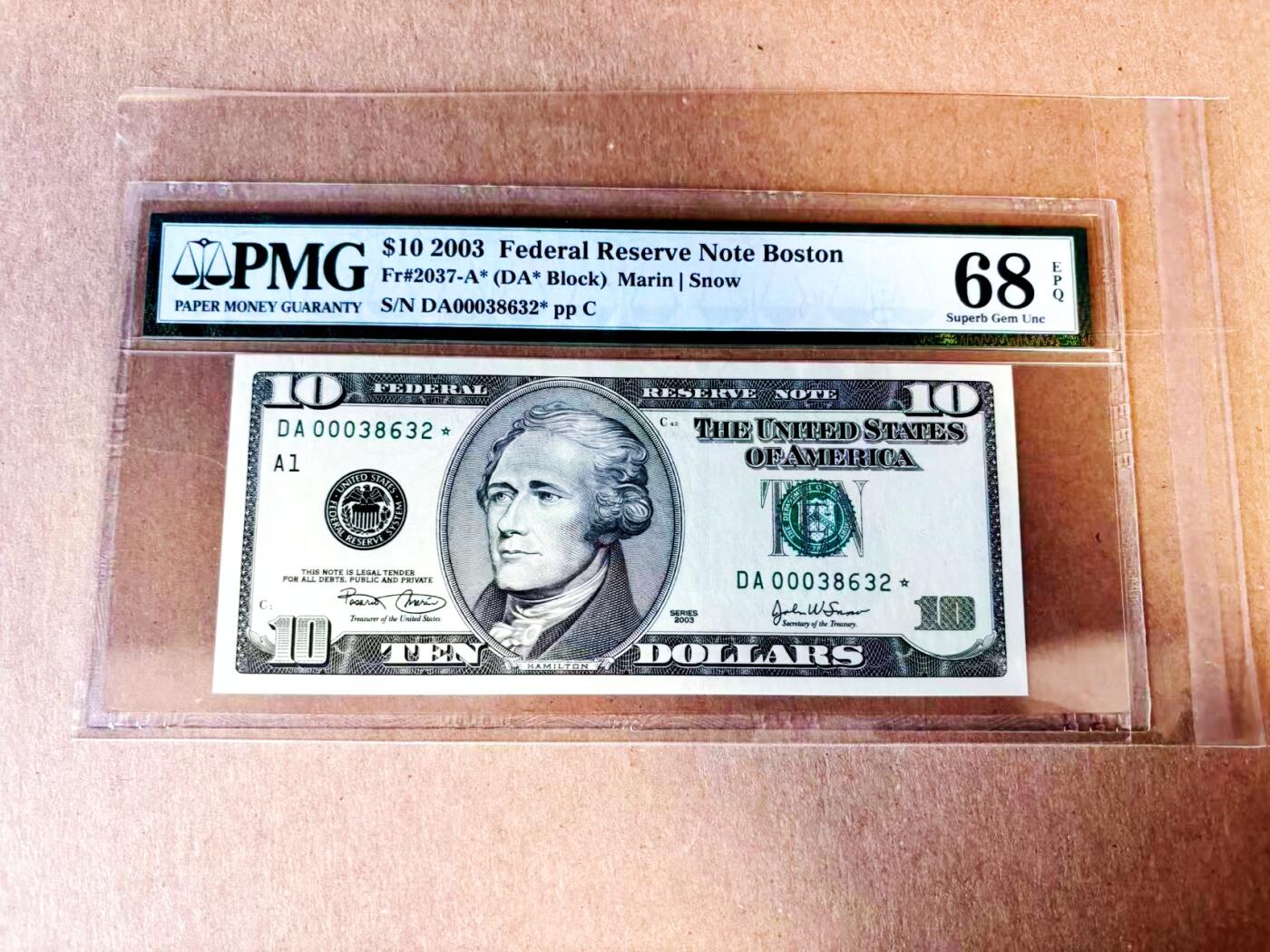 【Blue Auction】世界纸币精拍第783期——18级TOP拍卖/信誉/品质/专业/高效💫 【补号无47】美国 2003年10美金 PMG68EPQ高分