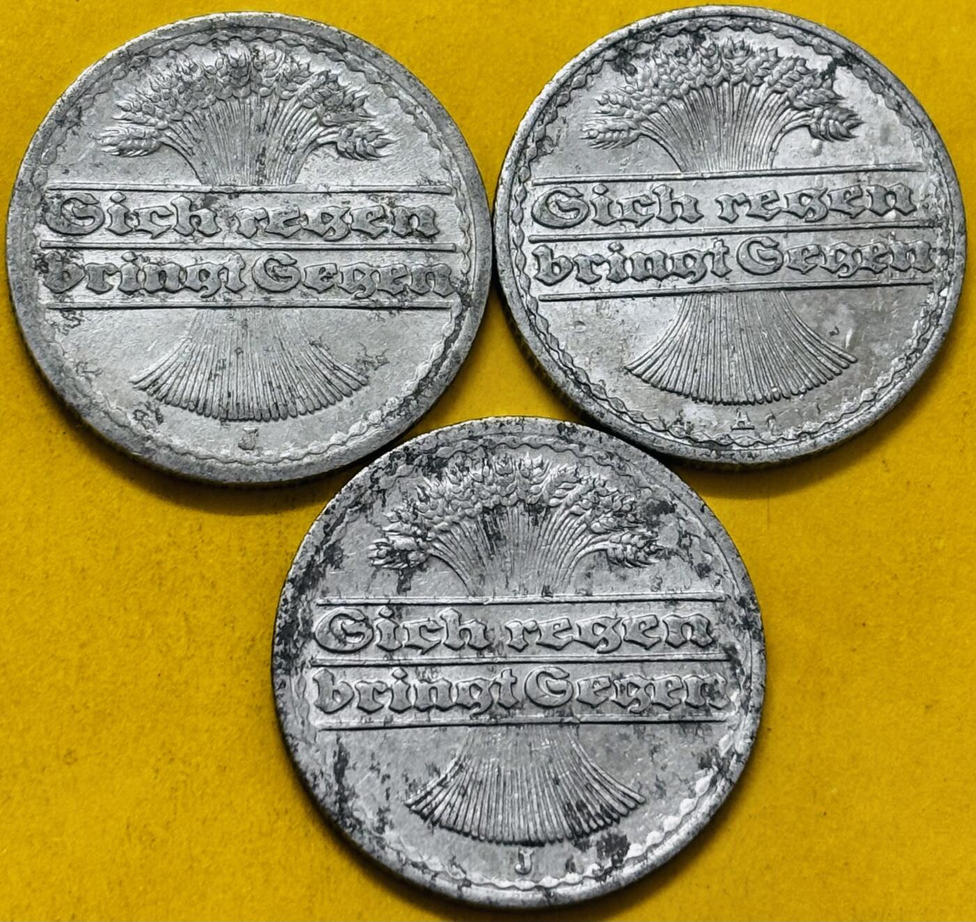 文馨钱币收藏第 293 场，春节前最后一期全部发出，将不予寄存，请悉知 原光品相 1920-21-22 年魏玛德国 50 芬尼一组