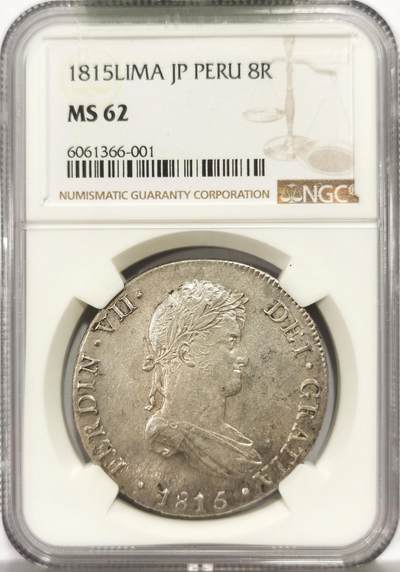 博洋堂“心向春光”2月精品大拍专场暨第160期（全场包邮） - NGC MS62 西属秘鲁1815年LIMA JP斐迪南七世双柱8R，打制犀利，原味带光，AU58最近成交已经超2500，随着银价上涨即将起飞的品种