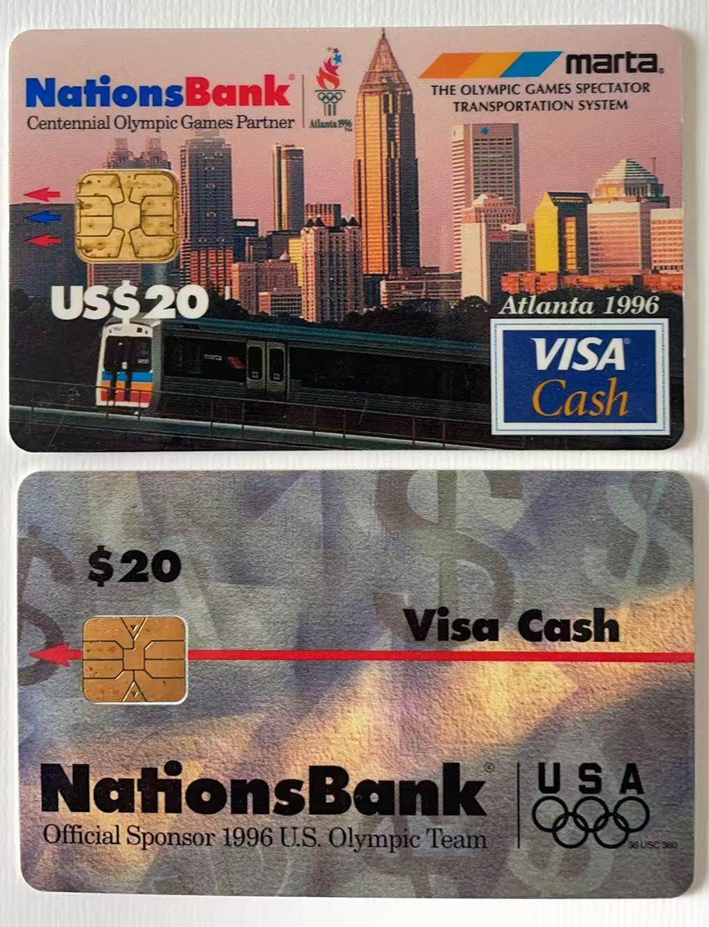 《卡拍》第344期拍卖2月7日晚22：10时延时截拍 美国国家银行VISA Cash现金卡《96亚特兰大奥运会美国队官方赞助商》试用IC卡一枚，《亚特兰大奥运公交专线》IC卡一枚（可用于该专线公交），芯片有氧化，中上品。