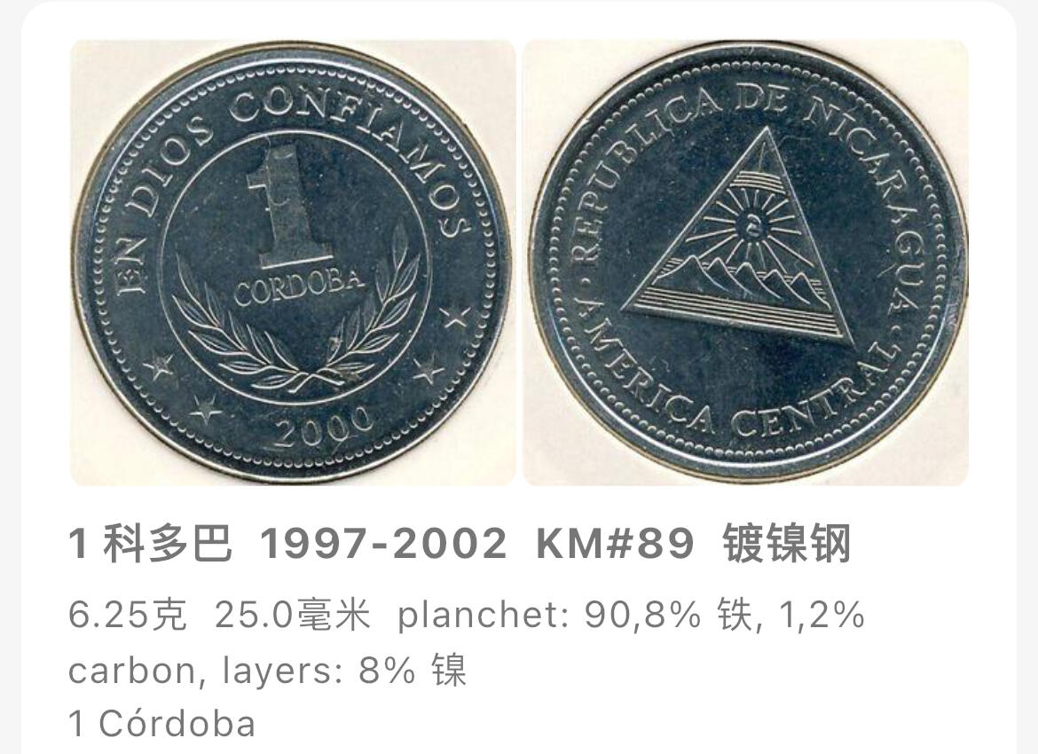 回流0207 全新 尼加拉瓜1997年1科多巴 三角徽