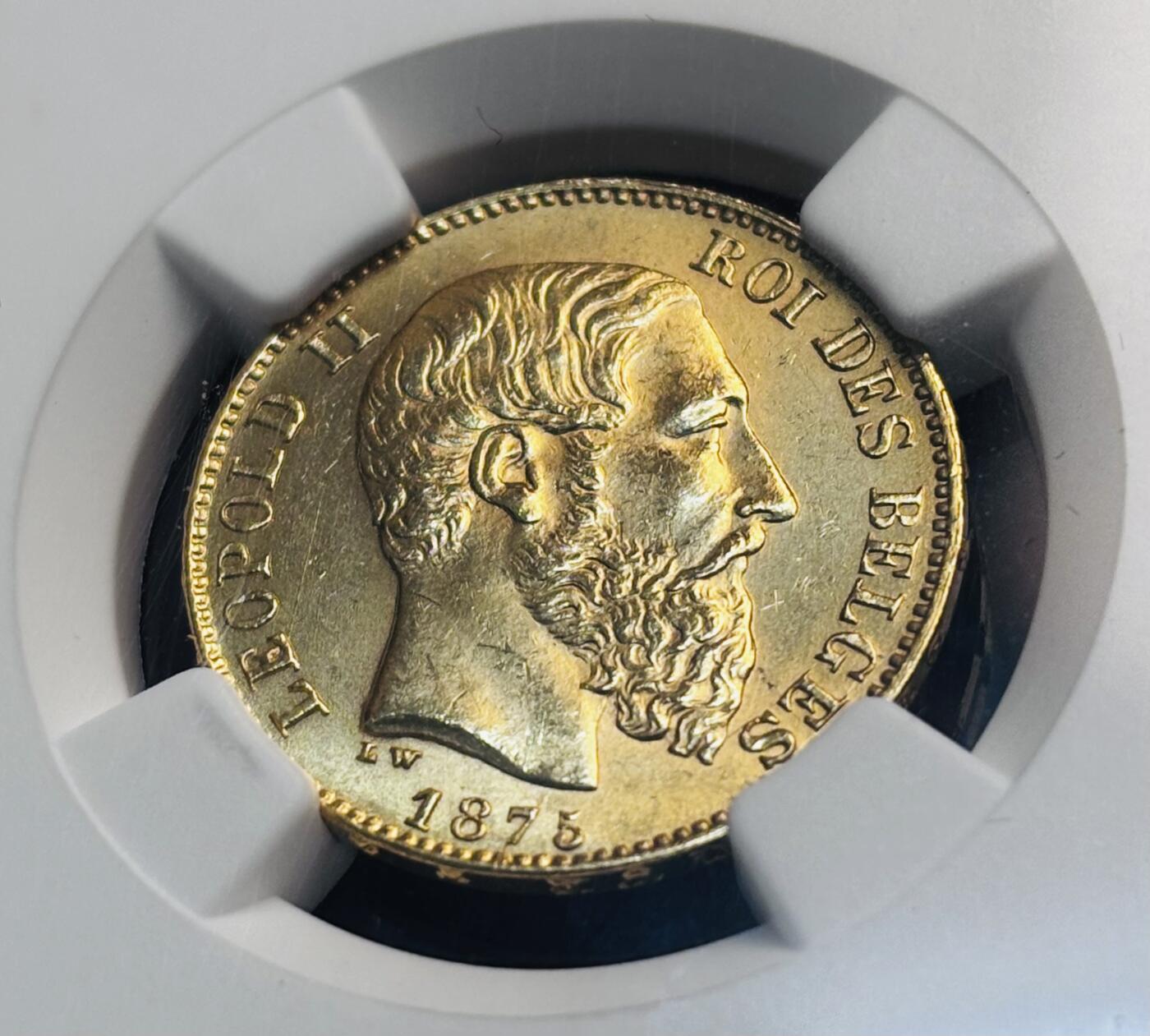 【金马踏春，泉马奔腾】2026 年新年贺岁场，（定于年初五接财神截拍）祝各位老板马到成功，马上有钱，愿岁岁平安喜乐顺遂 1875 年比利时利奥波德二世 20 法郎金币，金光闪闪，1875 年也是利奥波德二世对海外扩张战略的转折点，NGC 评级 MS64 分，高分难得