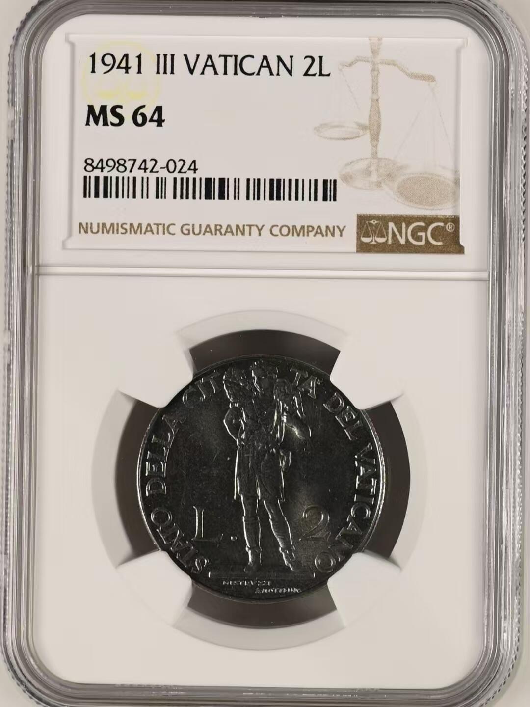 长老汇蛇年精选第九十八场拍卖 梵蒂冈1941年庇护十二世2里拉，该币仅发型两年，少见 NGC MS64