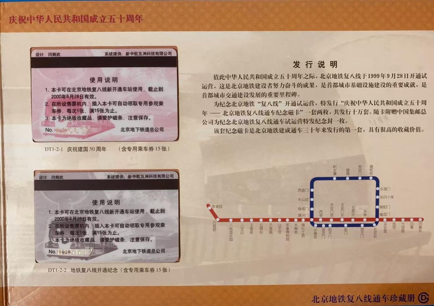 《卡拍》第344期拍卖2月7日晚22：10时延时截拍 北京地铁复八线通车珍藏册，含通车纪念磁卡一套两枚《建国五十周年》，上品。