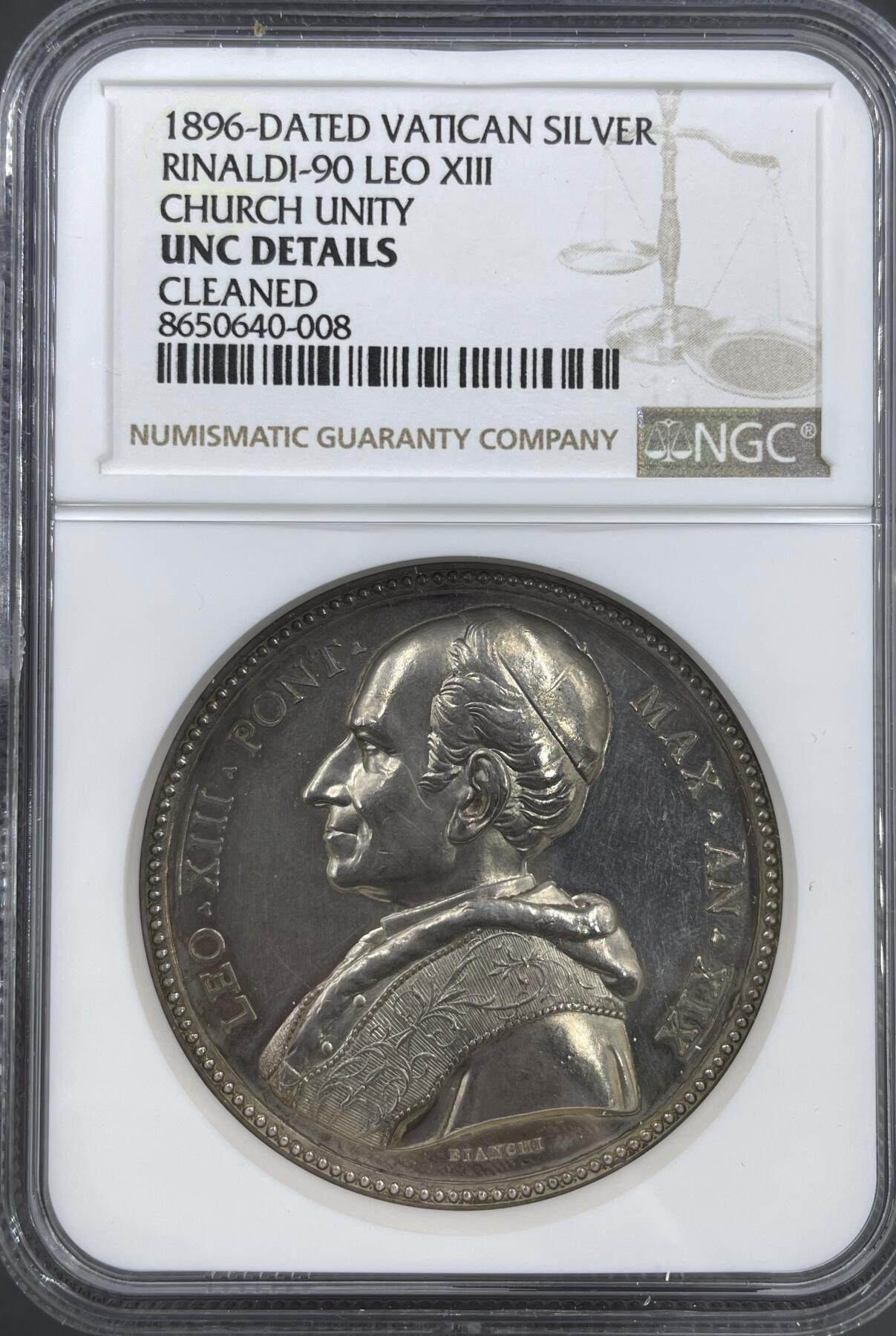 「木头集藏」“ 新岁撷珍”——章牌精品专场！ BIANCHI～1896年梵蒂冈教皇利奥十三世“教会合一”纪念银章，直径：44 mm，品相不错！