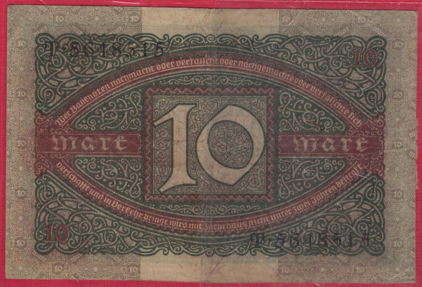 德国1920年10马克 P-67a 加盖字母G 贴银行验证封签 无47 实物图 八五品