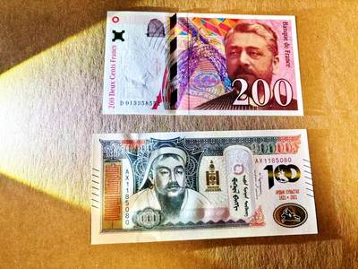 【Blue Auction】世界纸币精拍第783期——18级TOP拍卖/信誉/品质/专业/高效💫 - 【一组2张 无47】蒙古 2021年100图格里克 全新UNC&法国 1996年200法郎 UNC-