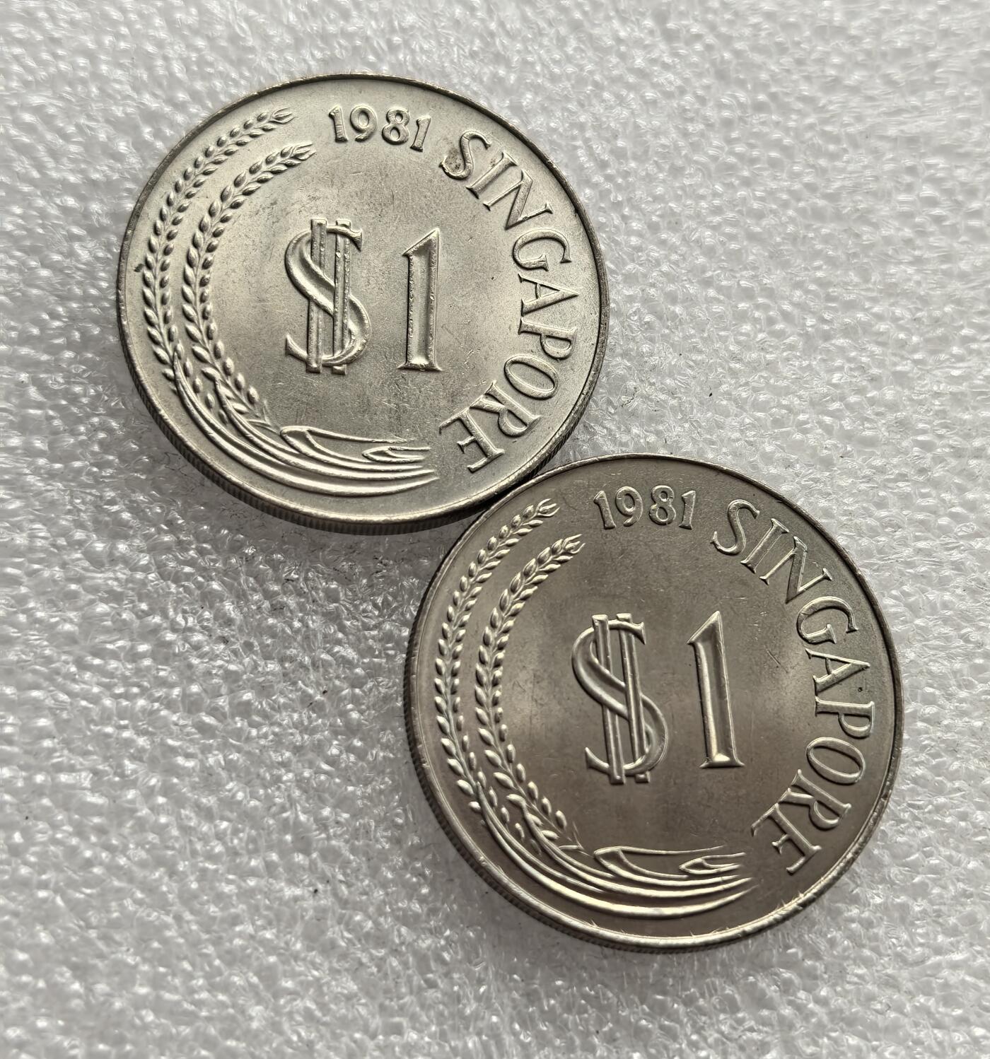 外国优质老铜币高银银币，周六九点倒数截拍，满百包邮，持续收拍，年后发货 1981 年新加坡  1 元2枚，正面铸面额、年份与国名，辅以稻穗、波浪纹饰；背面为新加坡国家象征鱼尾狮，融合国家标识与繁荣意象，见证新加坡独立后货币体系的成熟与文化符号塑造。