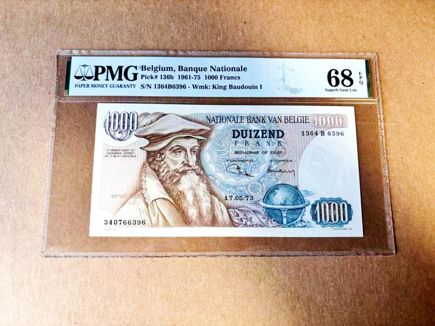 【Blue Auction】世界纸币精拍第783期——18级TOP拍卖/信誉/品质/专业/高效💫    【冠军分 仅4张 无47】比利时 1973年1000法郎 大力神 PMG68EPQ高分