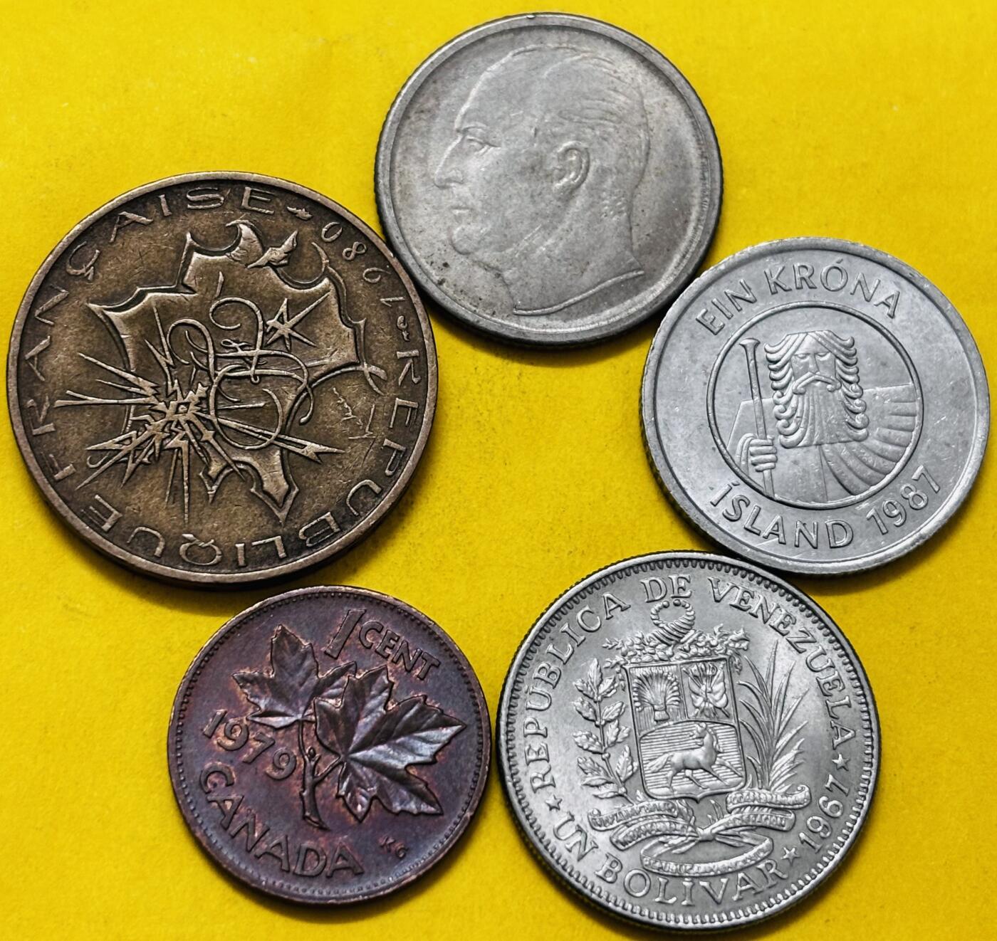 文馨钱币收藏第 293 场，春节前最后一期全部发出，将不予寄存，请悉知 法国，挪威，加拿大，委内瑞拉，冰岛 5 枚