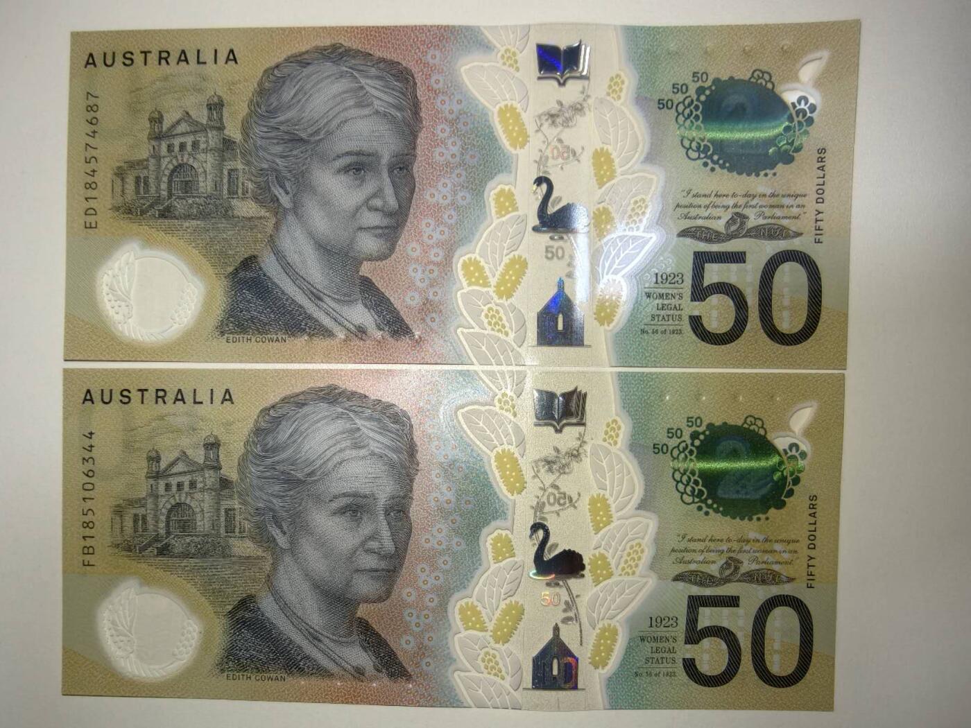 春节钱币瓷器清货捡漏拍场 澳大利亚新版50元塑料钞两张，全新UNC，非常漂亮