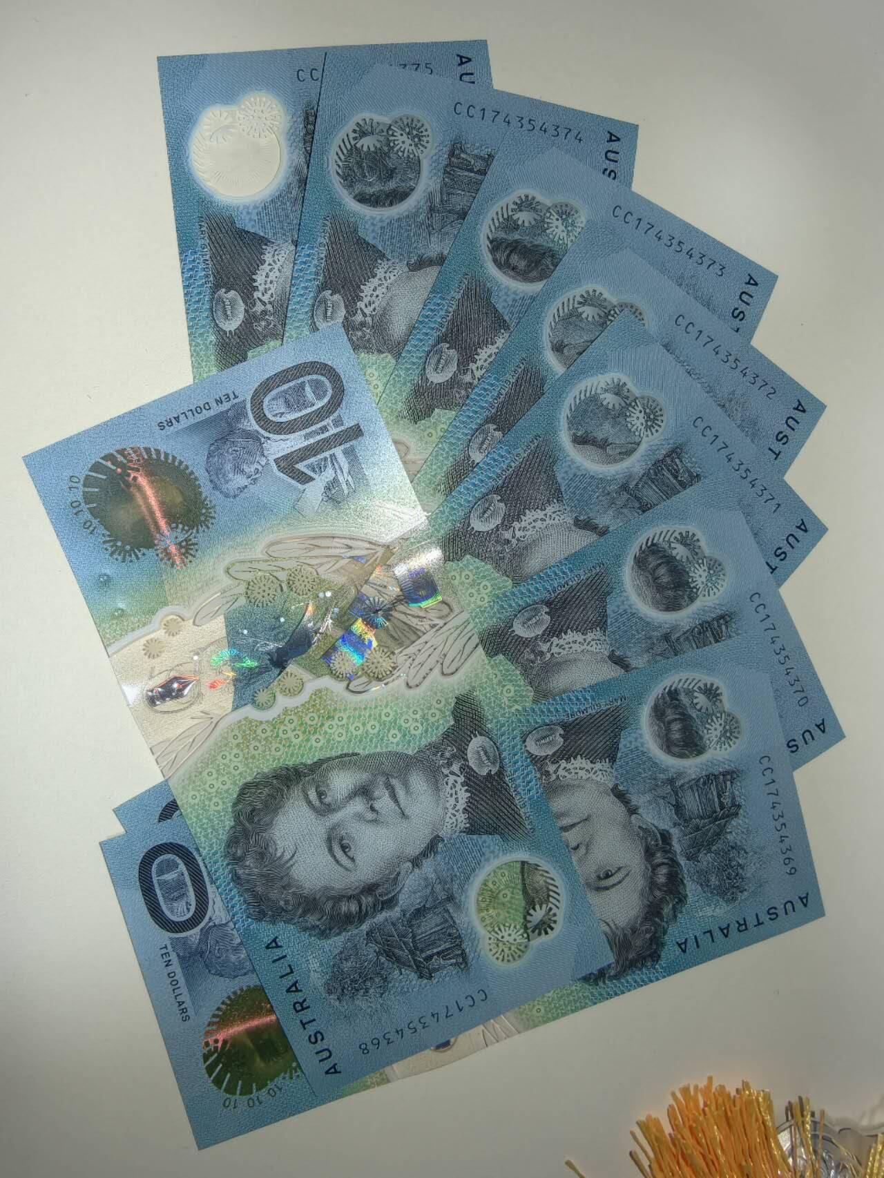 春节钱币瓷器清货捡漏拍场 澳大利亚新版明亮版10元塑料钞 全新UNC连号8张