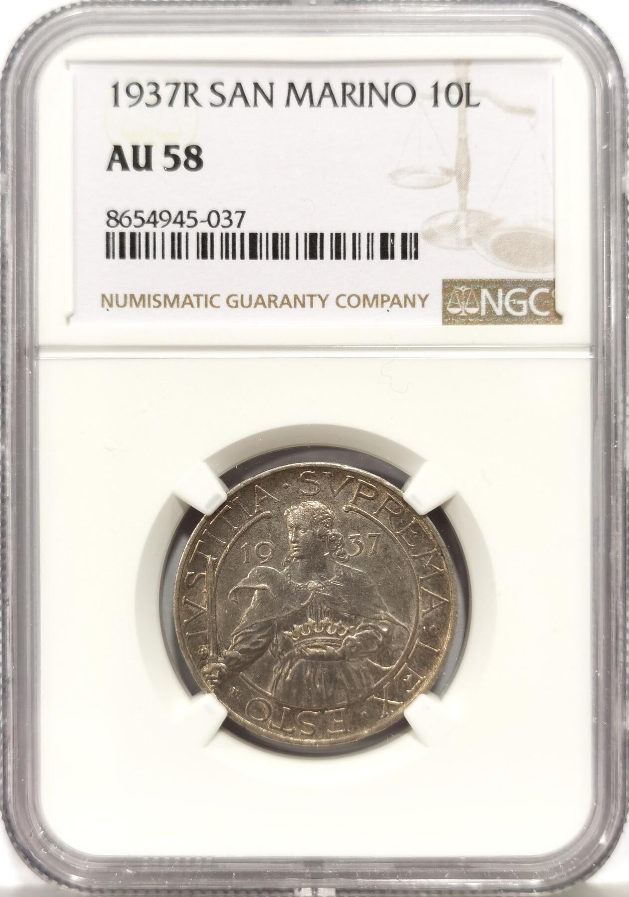 博洋堂“心向春光”2月精品大拍专场暨第160期（全场包邮） NGC AU58 圣马力诺1937年10里拉，很漂亮的设计