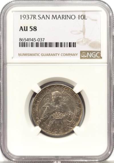 博洋堂“心向春光”2月精品大拍专场暨第160期（全场包邮） - NGC AU58 圣马力诺1937年10里拉，很漂亮的设计
