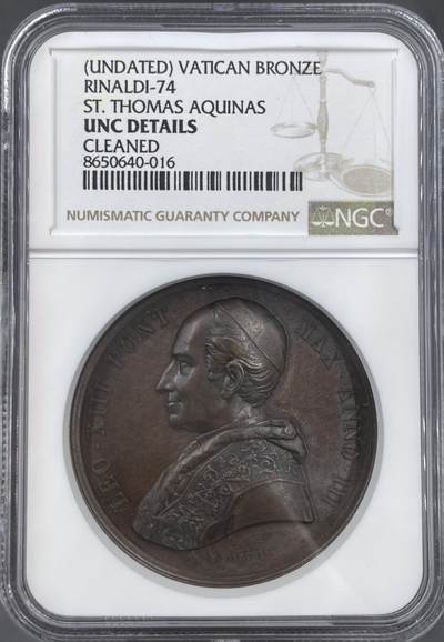 「木头集藏」“ 新岁撷珍”——章牌精品专场！ - BIANCHI～1880年梵蒂冈教皇 利奥十三世确立教义纪念铜章，直径：44 mm，背面中央刻画圣托马斯·阿奎那，左为象征神学的人物，右为象征世俗科学的人物，DOCTRINA IN TRIVMPHVM REDACTA，意为“教义得以胜利确立”。 底部RENOVATVM DIVINARVM HVMANARVMQVE SCIENTIARVM FOEDVS，意为“神圣与人类科学的联盟得以复兴”。