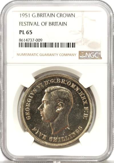 博洋堂“心向春光”2月精品大拍专场暨第160期（全场包邮） - NGC PL65 英国1951年乔治六世马剑克朗 不列颠节主题，乔治六世本人渴望拥有的圣乔治屠龙设计主币，也是最后一版以流通币出现的马剑克朗。银价飞涨，镍马剑的性价比又出来了，个大顶饱，实际状态优于寻常65分。