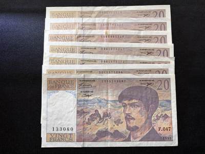 咖啡豆•收藏 2026年Feb_10th世界各国纸币拍卖 - 7枚 法国 1980-1997年 20法郎 美品近新AU 外国纸币