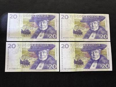 咖啡豆•收藏 2026年Feb_10th世界各国纸币拍卖 - 4枚 瑞典 20克朗 美品近新AU 外国纸币