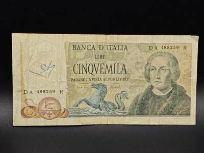 【淘币小摊】实时拍第八百六十五拍   纸币场    年前最后一周之前预留预留8号9号全部发出请更换最新收货地址不方便收货的请勿参拍或者顺丰到付 - 意大利5000里拉纸币【有折】