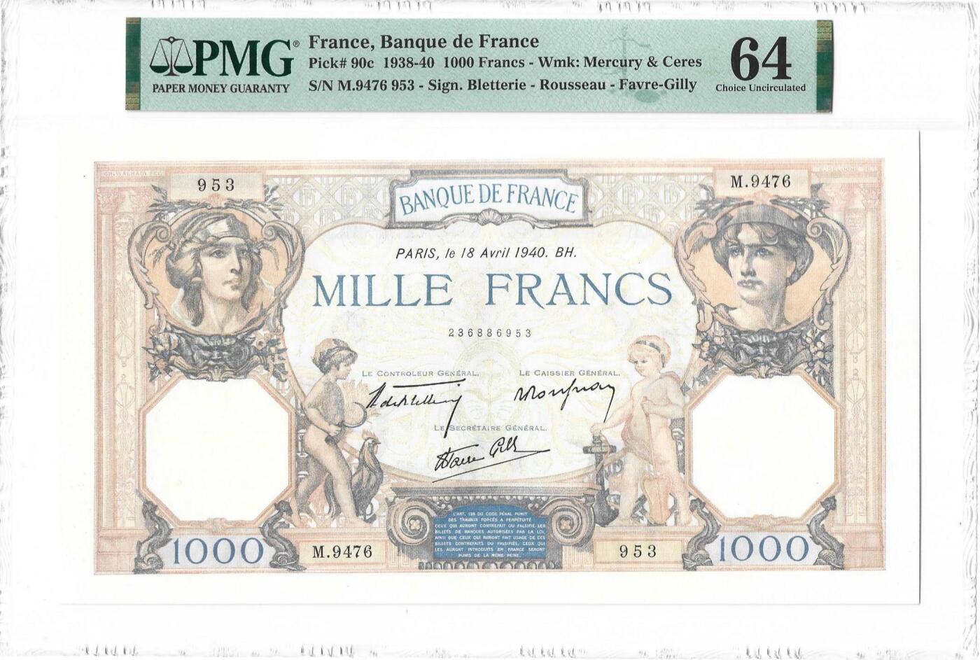 【Blue Auction】世界纸币精拍第783期——18级TOP拍卖/信誉/品质/专业/高效💫  【无47 无针孔】法国 1940年1000法郎 超大票幅 PMG64