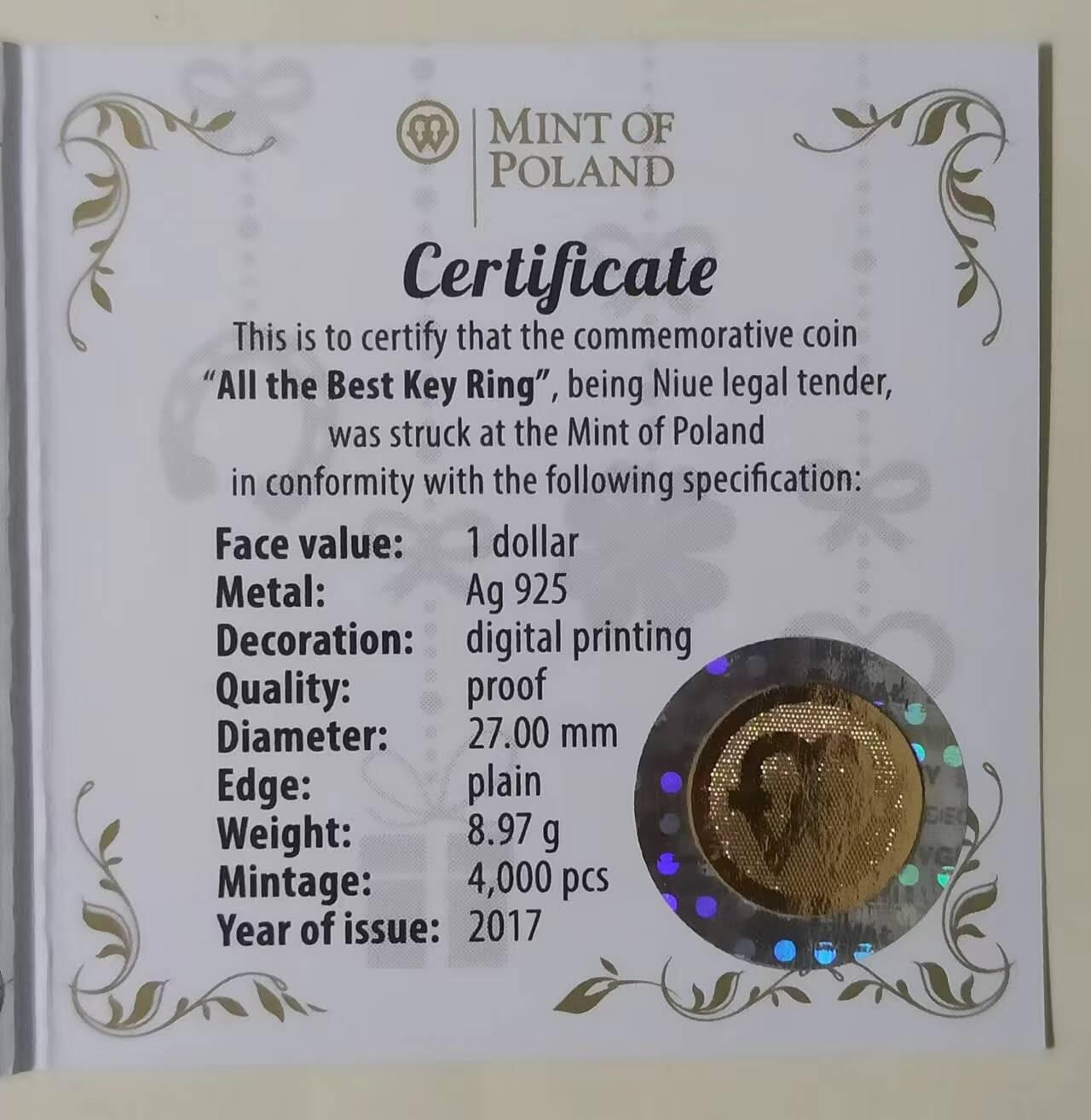 【币海沉浮】国际金银币（2） 纽埃2017年, “万事如意(All the Best)”-五福驾临(五幸运符号:瓢虫,幸运草,马蹄铁,爱心,羽毛)圆孔镀金项链吊坠精制银币,配原装链环,盒证全. 寓意美好,“万事如意”最美好的祝福,更适合春节新年祝福礼品